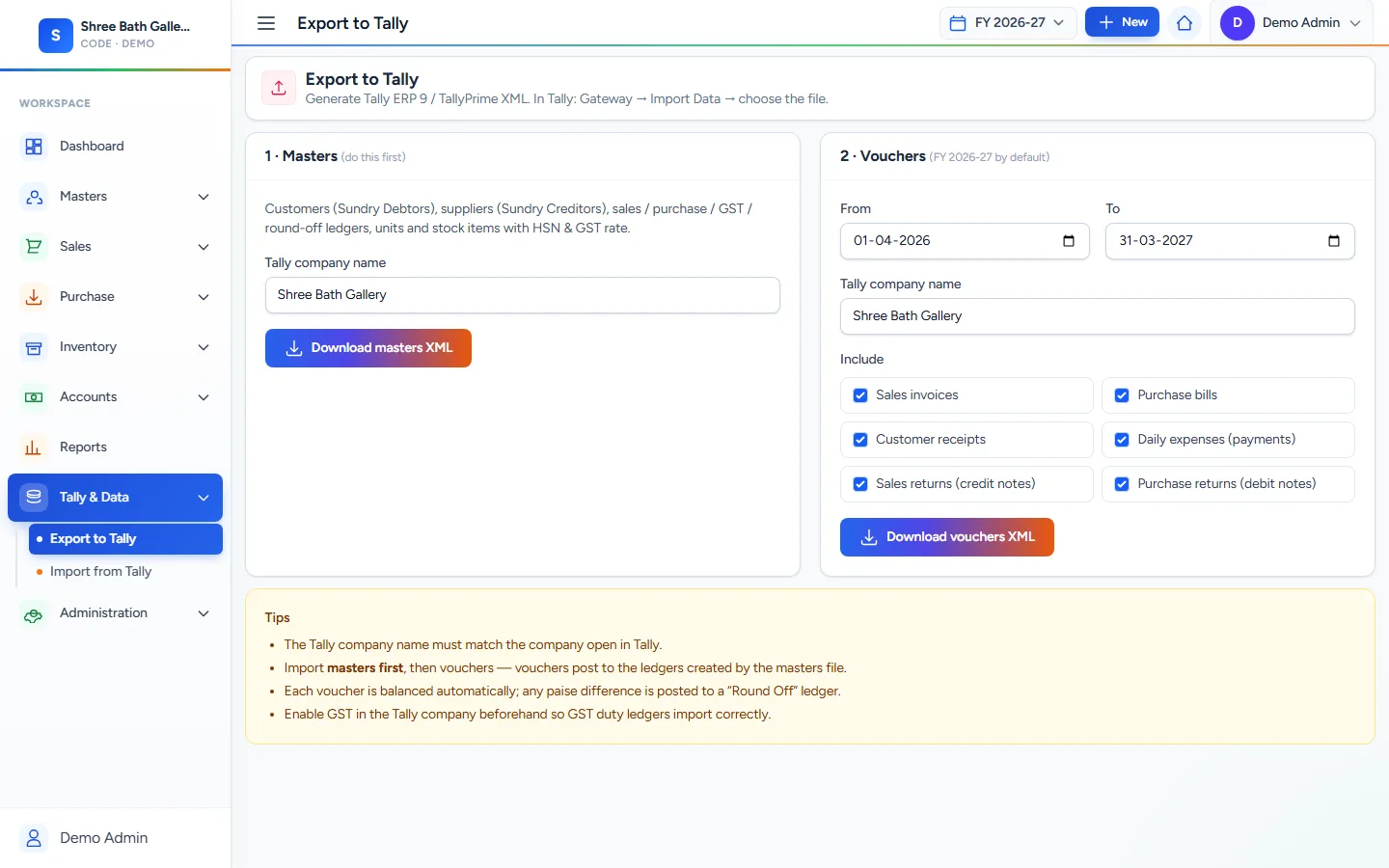 Tally Export screen